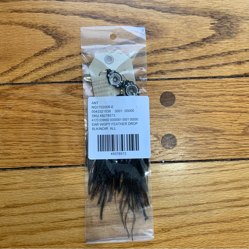 Anthropologie Drop Pierced Black Feather Earrings With Enamel Gemstone Charm NWT